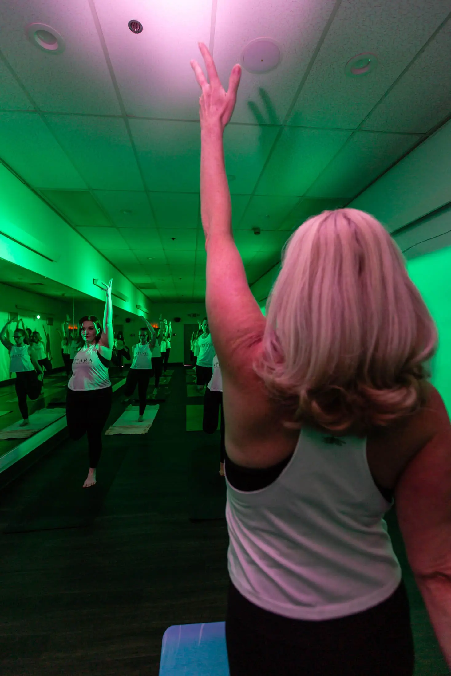 Red and green light atmosphere at Vitara Hot Yoga