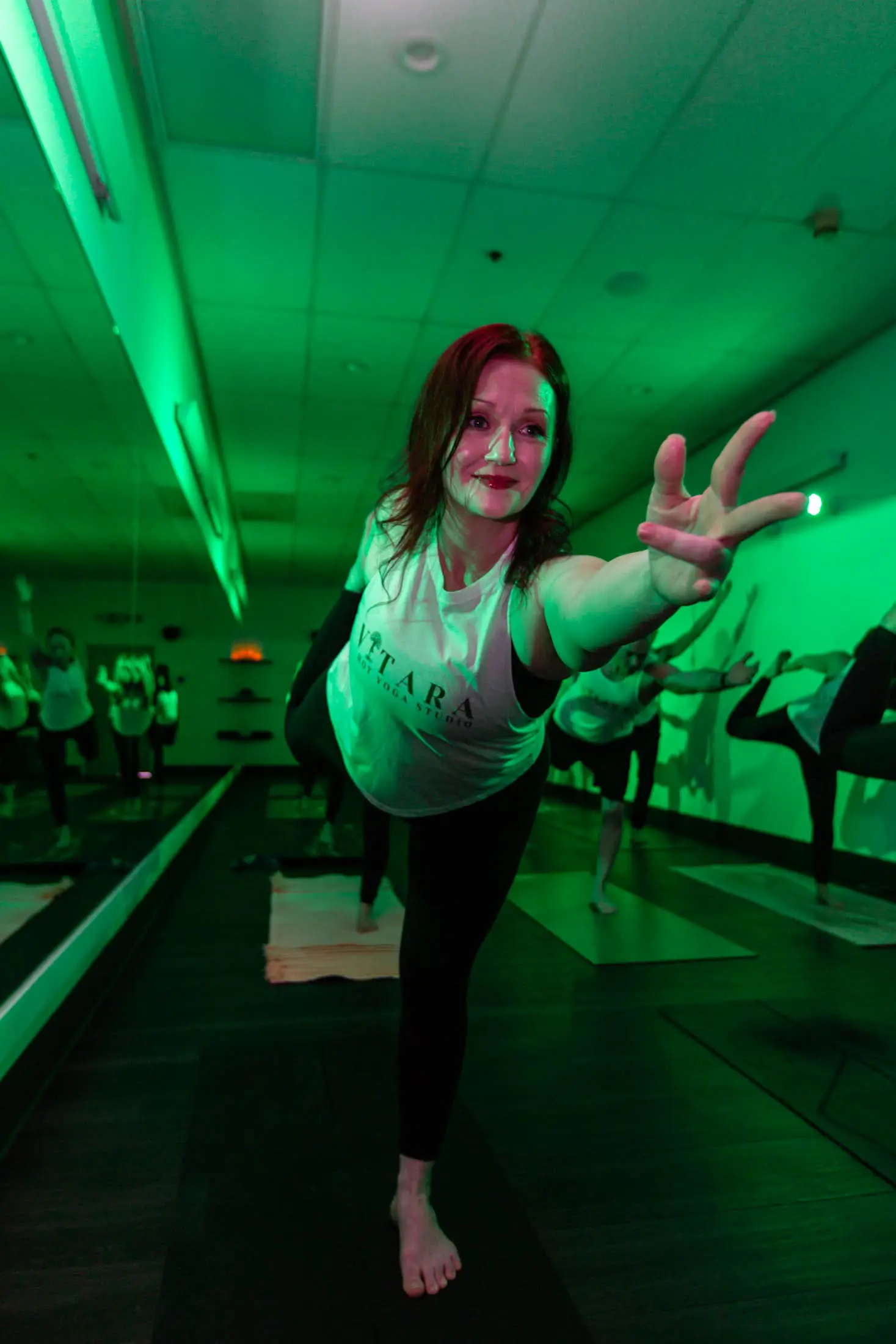 Red and green light atmosphere at Vitara Hot Yoga