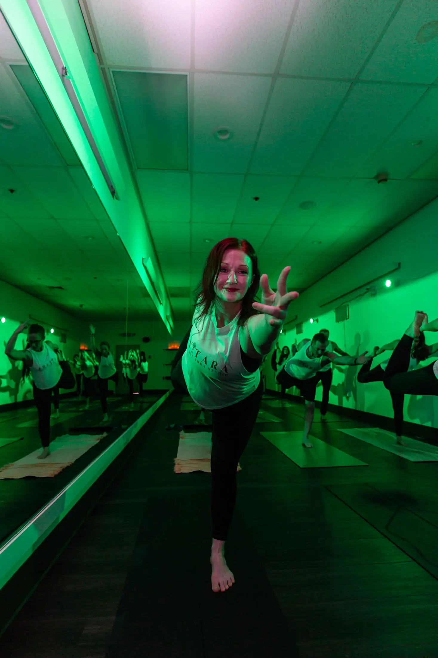 Red and green light atmosphere at Vitara Hot Yoga
