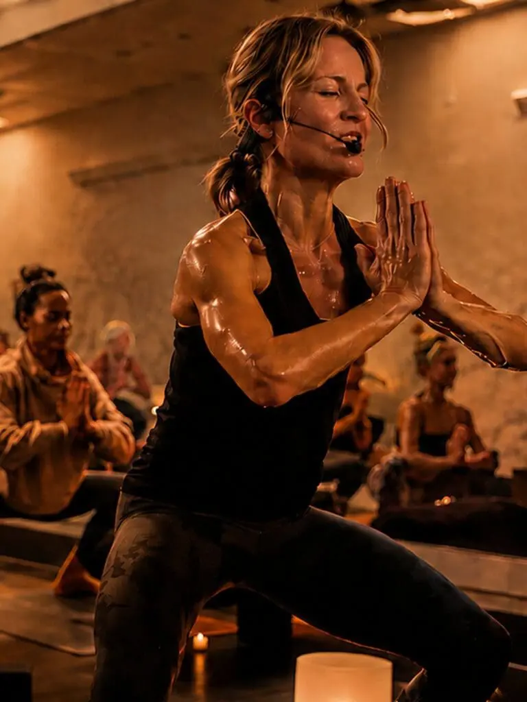 Instructor leading candlelit infrared yoga session