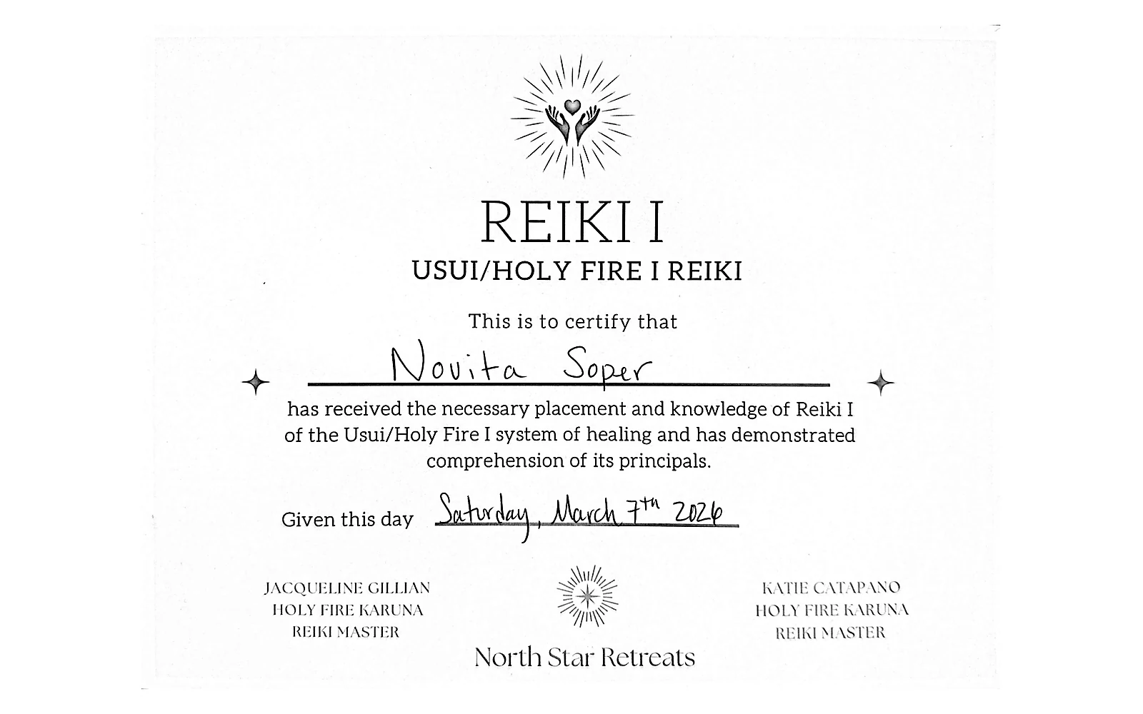 Reiki I certificate thumbnail for Novita Soper