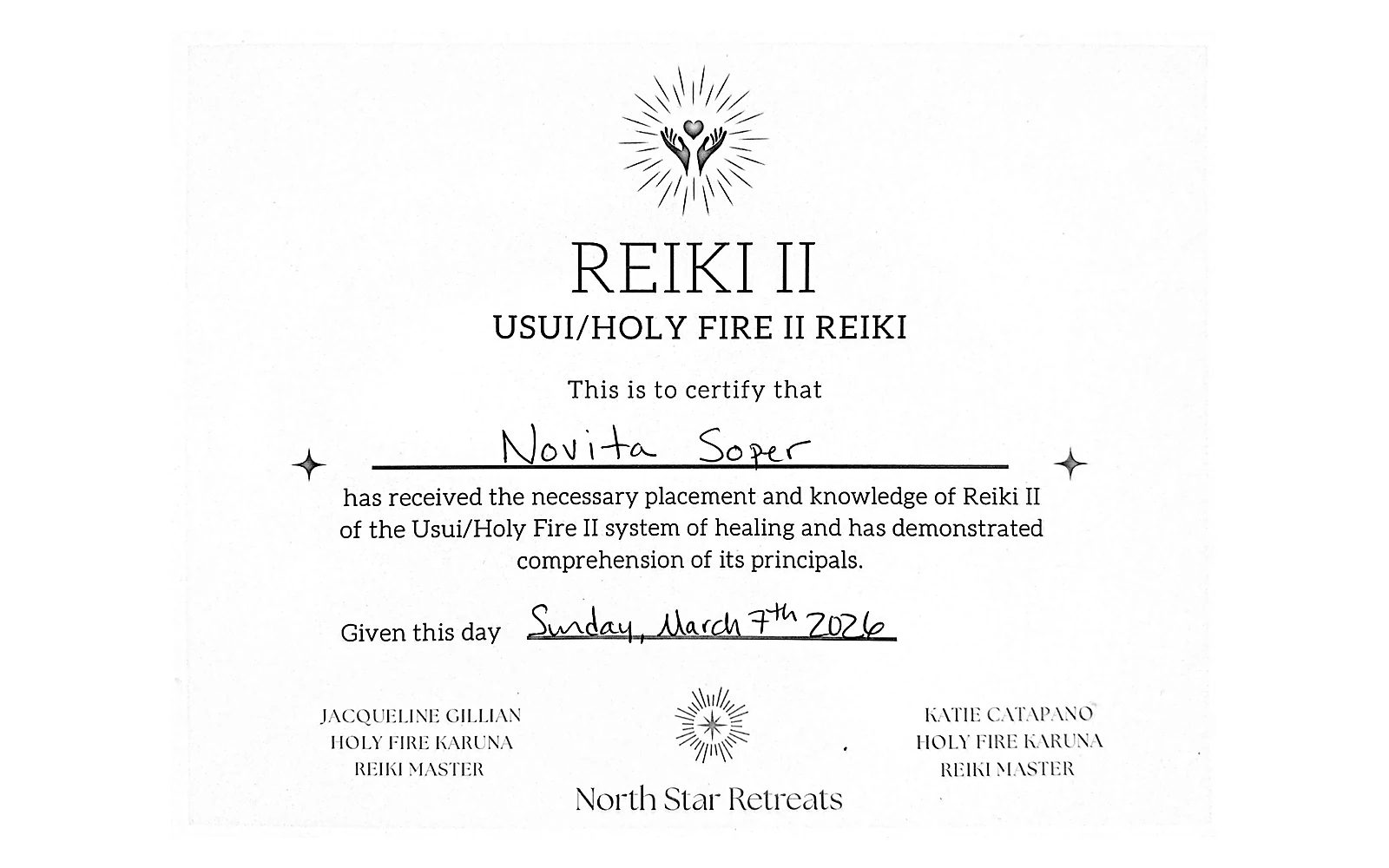 Reiki II certificate thumbnail for Novita Soper