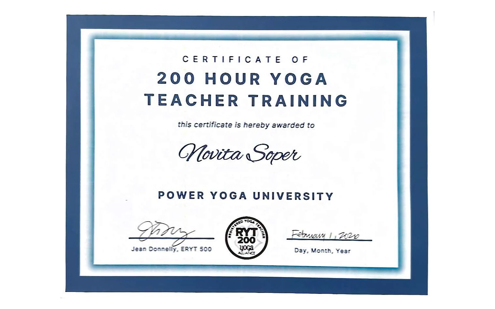 RYT 200 certificate thumbnail for Novita Soper